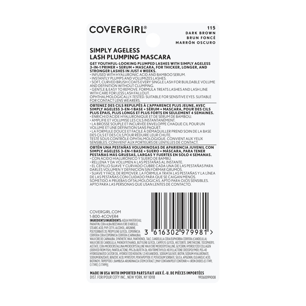 COVERGIRL Simply Ageless Lash Plumping 3-in-1 Mascara, 115 Dark Brown, 0.4 fl oz