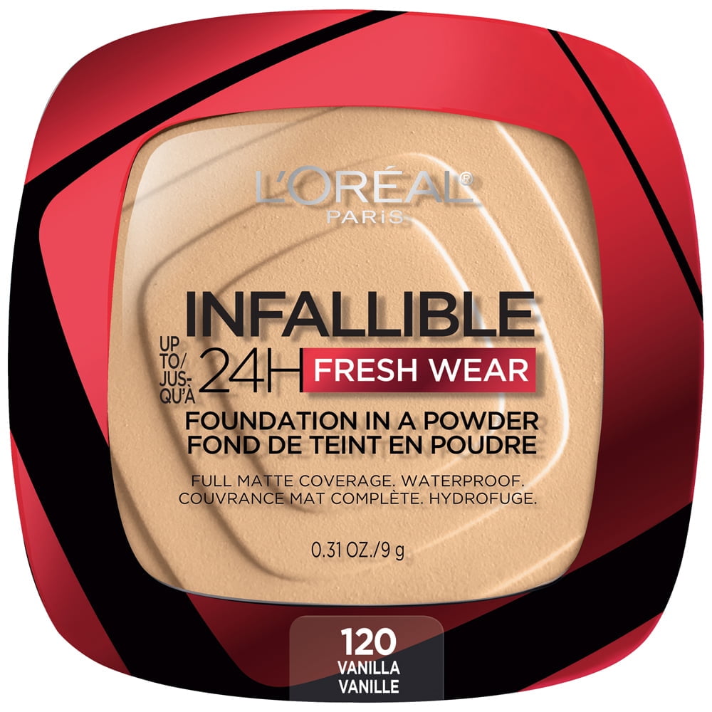 (2 pack) L'Oreal Paris Infallible Fresh Wear 24 Hr Powder Foundation Makeup, 120 Vanilla, 1 fl oz