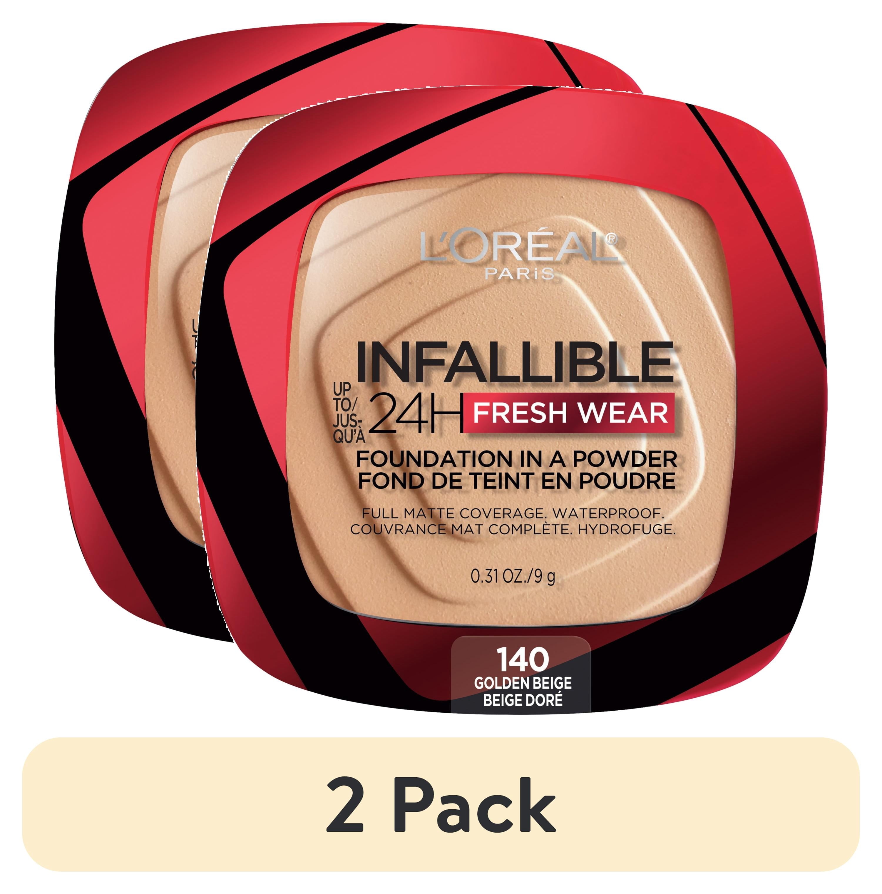 (2 pack) L'Oreal Paris Infallible Fresh Wear 24 Hr Powder Foundation Makeup, 140 Golden Beige, 1 fl oz