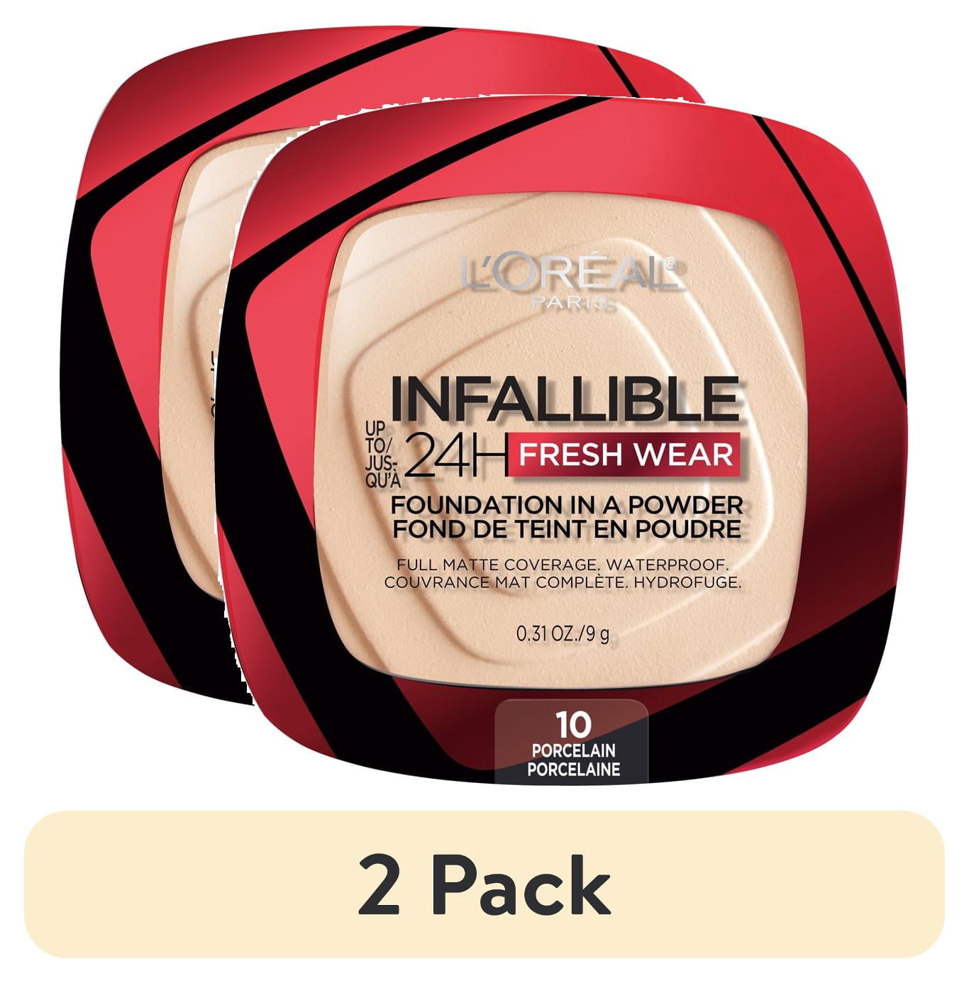 (2 pack) L'Oreal Paris Infallible Fresh Wear 24 Hr Powder Foundation Makeup, 010 Porcelain, 1 fl oz