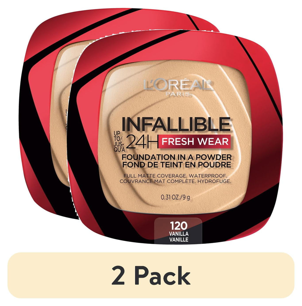 (2 pack) L'Oreal Paris Infallible Fresh Wear 24 Hr Powder Foundation Makeup, 120 Vanilla, 1 fl oz