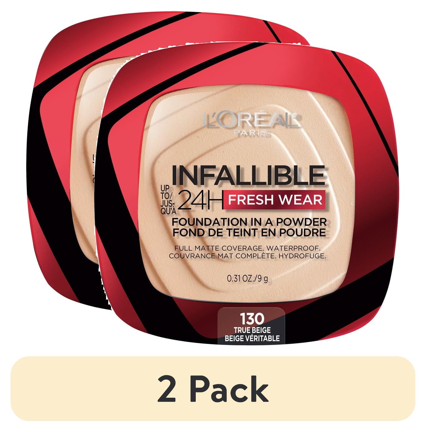 (2 pack) L'Oréal Paris Infallible Fresh Wear 24 Hr Foundation in a Powder,  for All Skin Medium Tone, 130 True Beige, 1 fl oz
