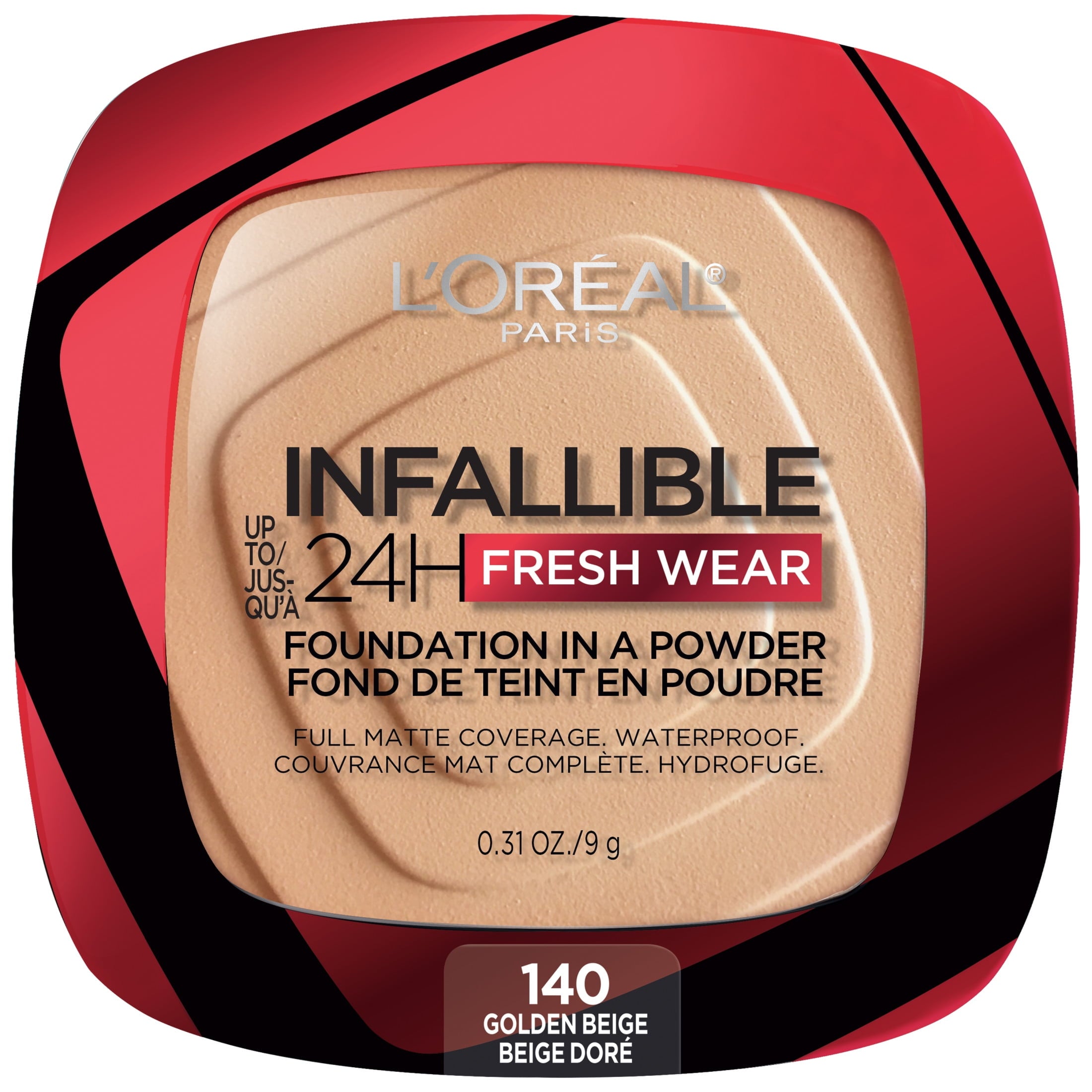 (2 pack) L'Oreal Paris Infallible Fresh Wear 24 Hr Powder Foundation Makeup, 140 Golden Beige, 1 fl oz