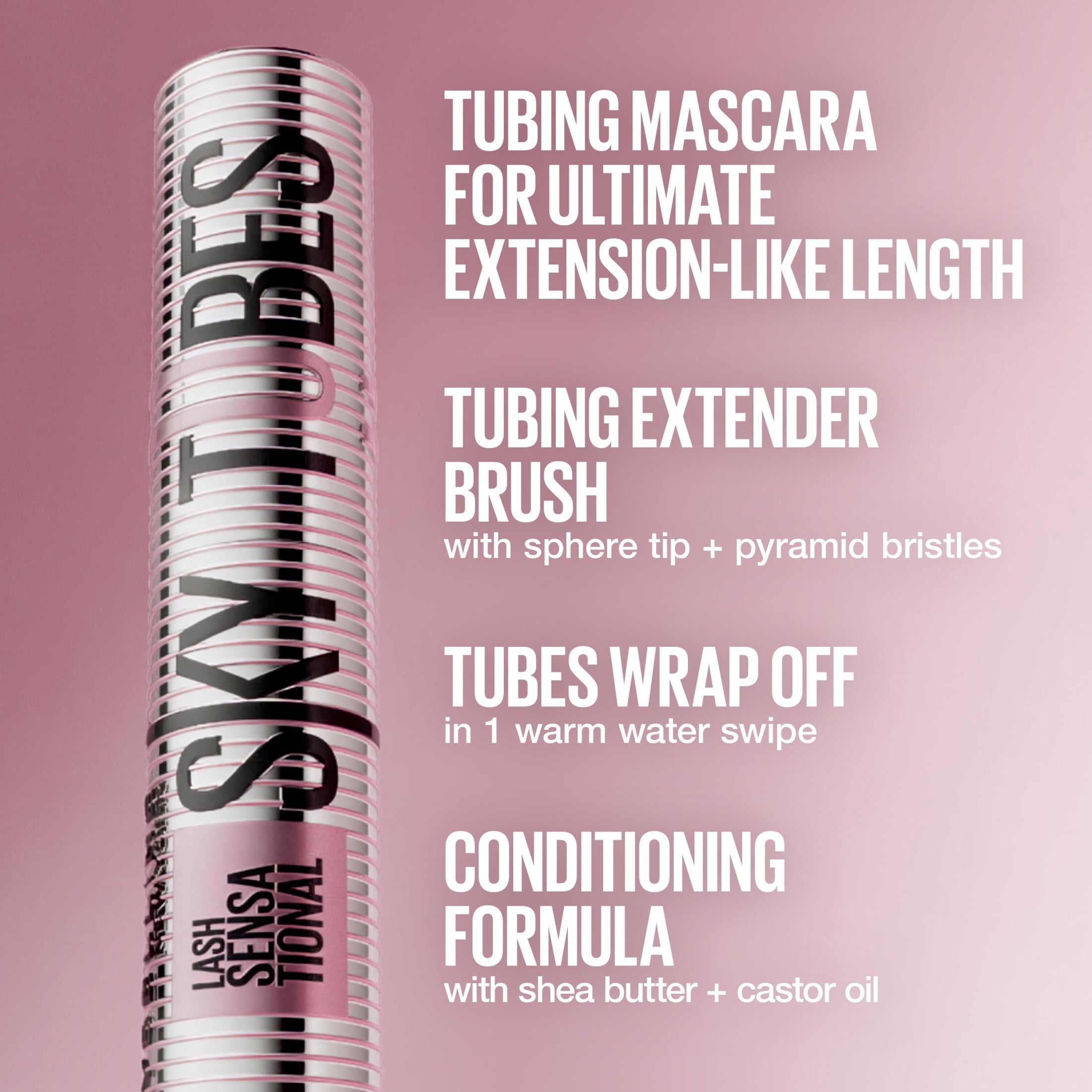 Maybelline Lash Sensational Sky Tubes Tubing Mascara Extension-Like Length Conditioning with Shea Butter + Castor Oil , Very Black, 0.23 fl oz