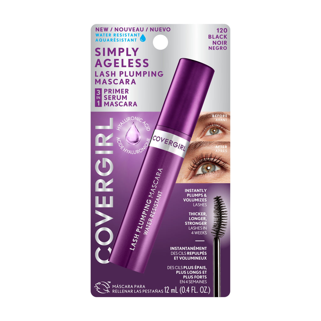 COVERGIRL Simply Ageless Lash Plumping 3-in-1 Mascara, 120 Black Water Resistant, 0.4 fl oz
