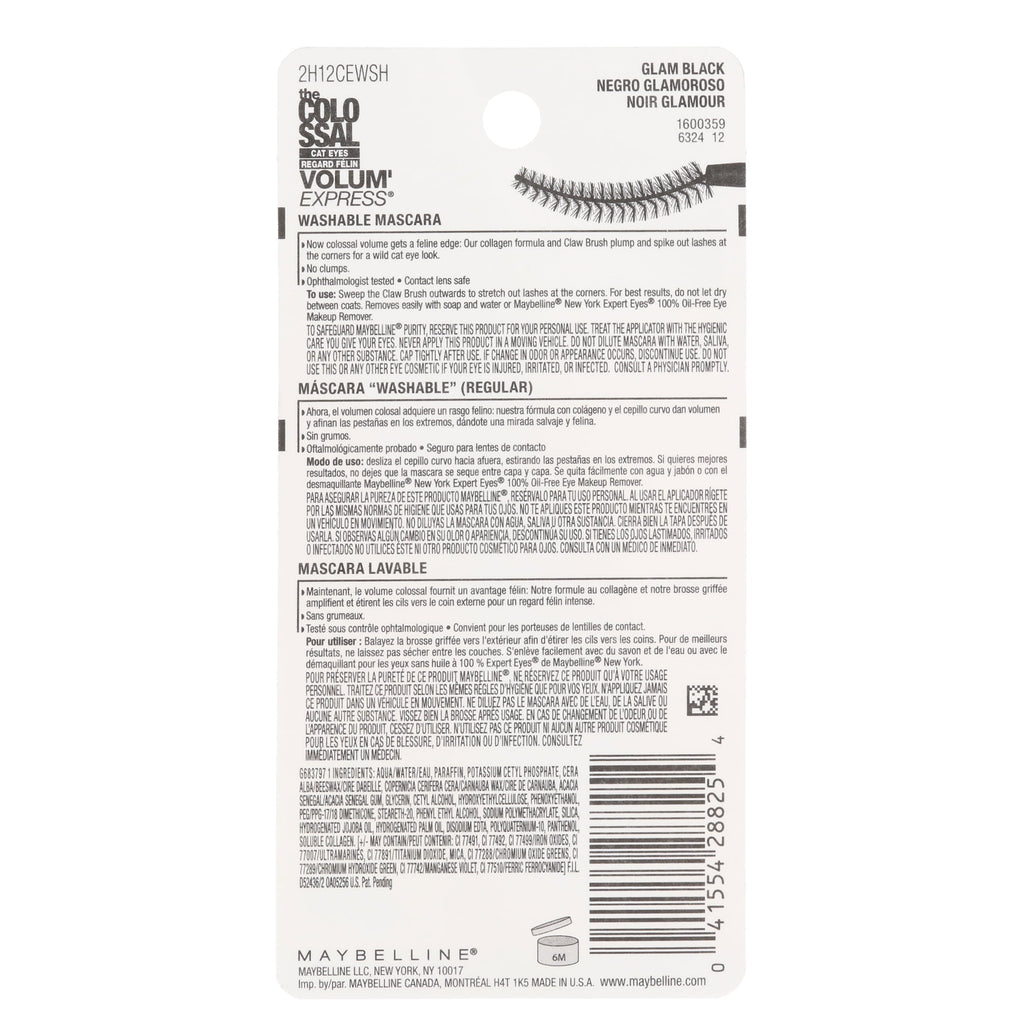 Maybelline VolumExpress The Colossal Cat Eyes Washable Mascara, Glam Black 0.31 fl oz