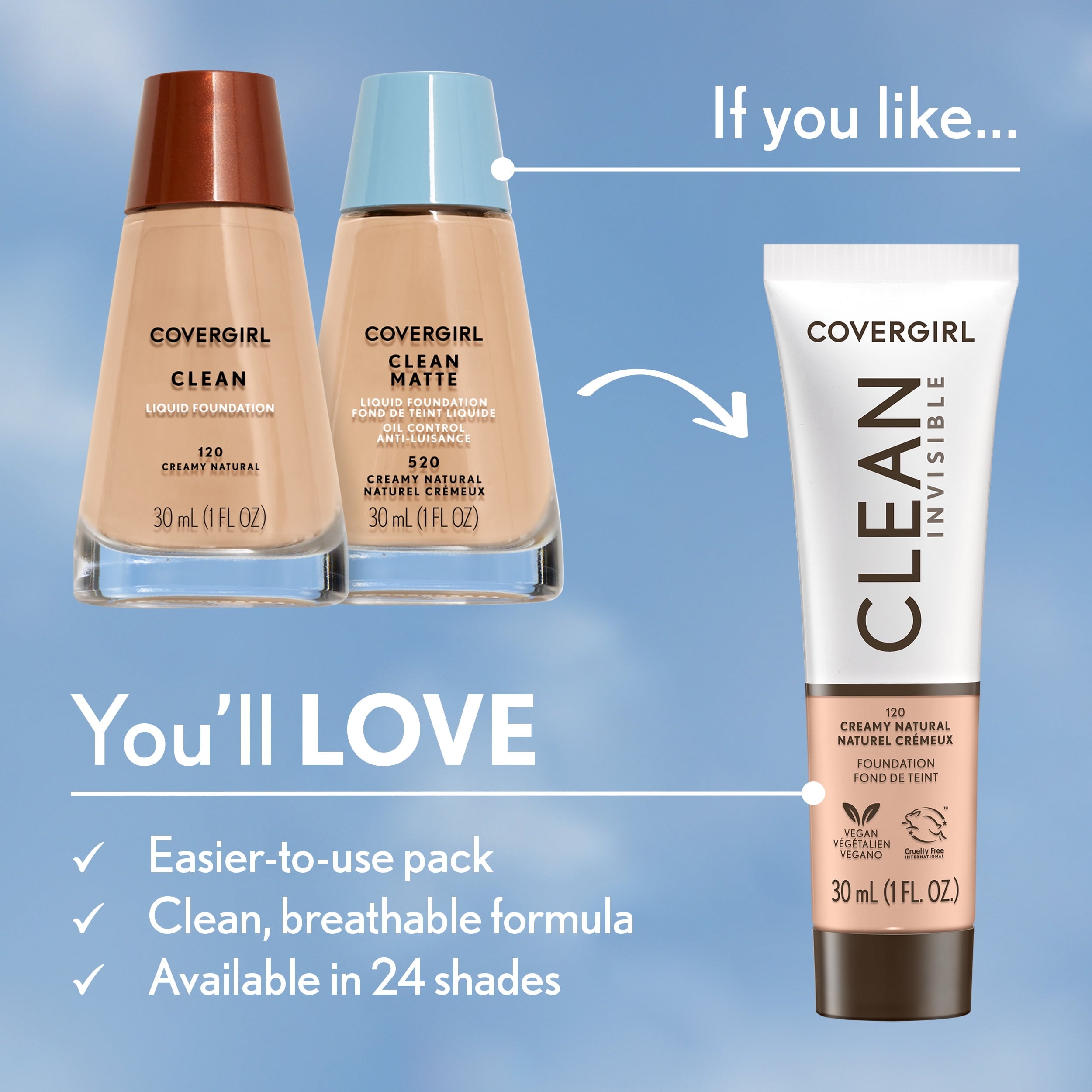 (2 pack) COVERGIRL Clean Invisible Liquid Foundation, 105 Ivory, 1.0 fl oz