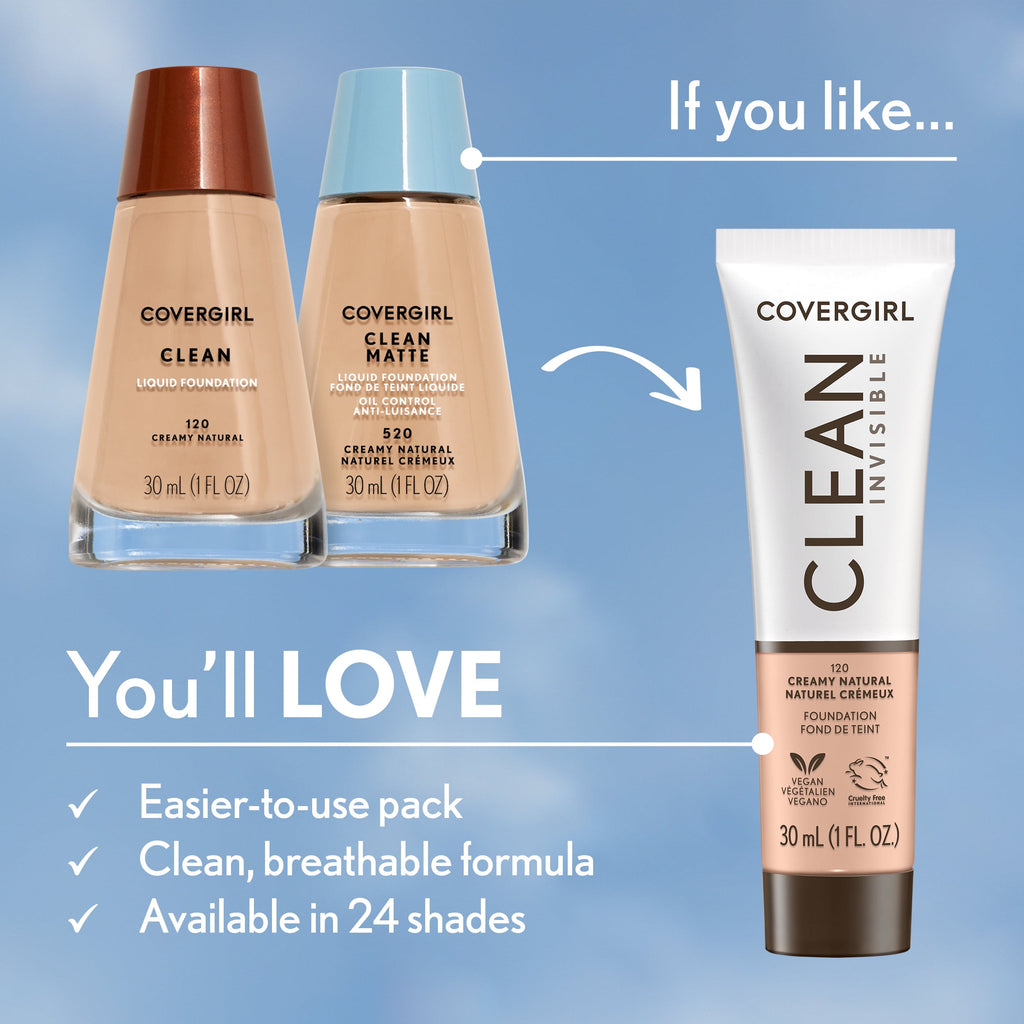 COVERGIRL Clean Invisible Liquid Foundation, 103 Light Ivory, 1.0 fl oz
