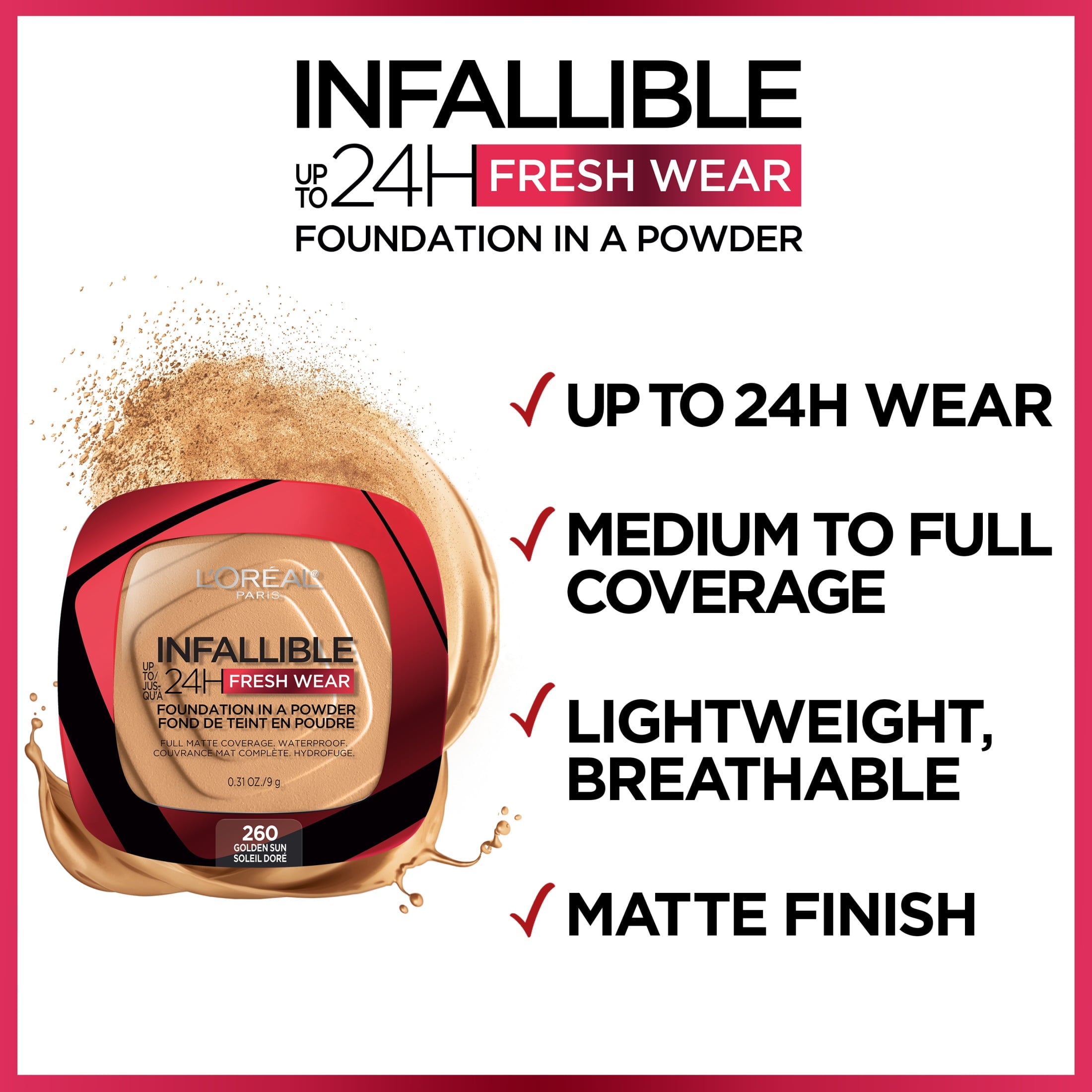 (2 pack) L'Oreal Paris Infallible Fresh Wear 24 Hr Powder Foundation Makeup, 140 Golden Beige, 1 fl oz