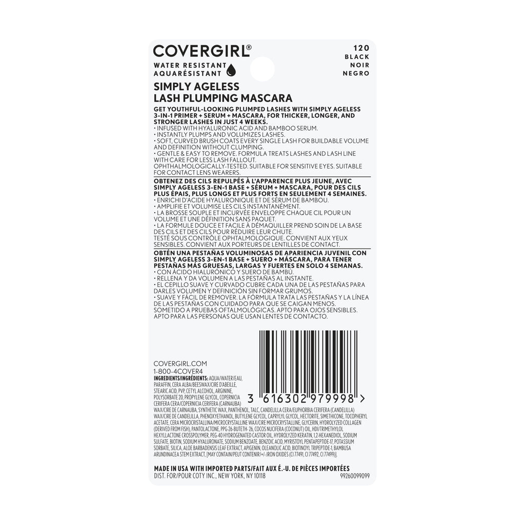 COVERGIRL Simply Ageless Lash Plumping 3-in-1 Mascara, 120 Black Water Resistant, 0.4 fl oz