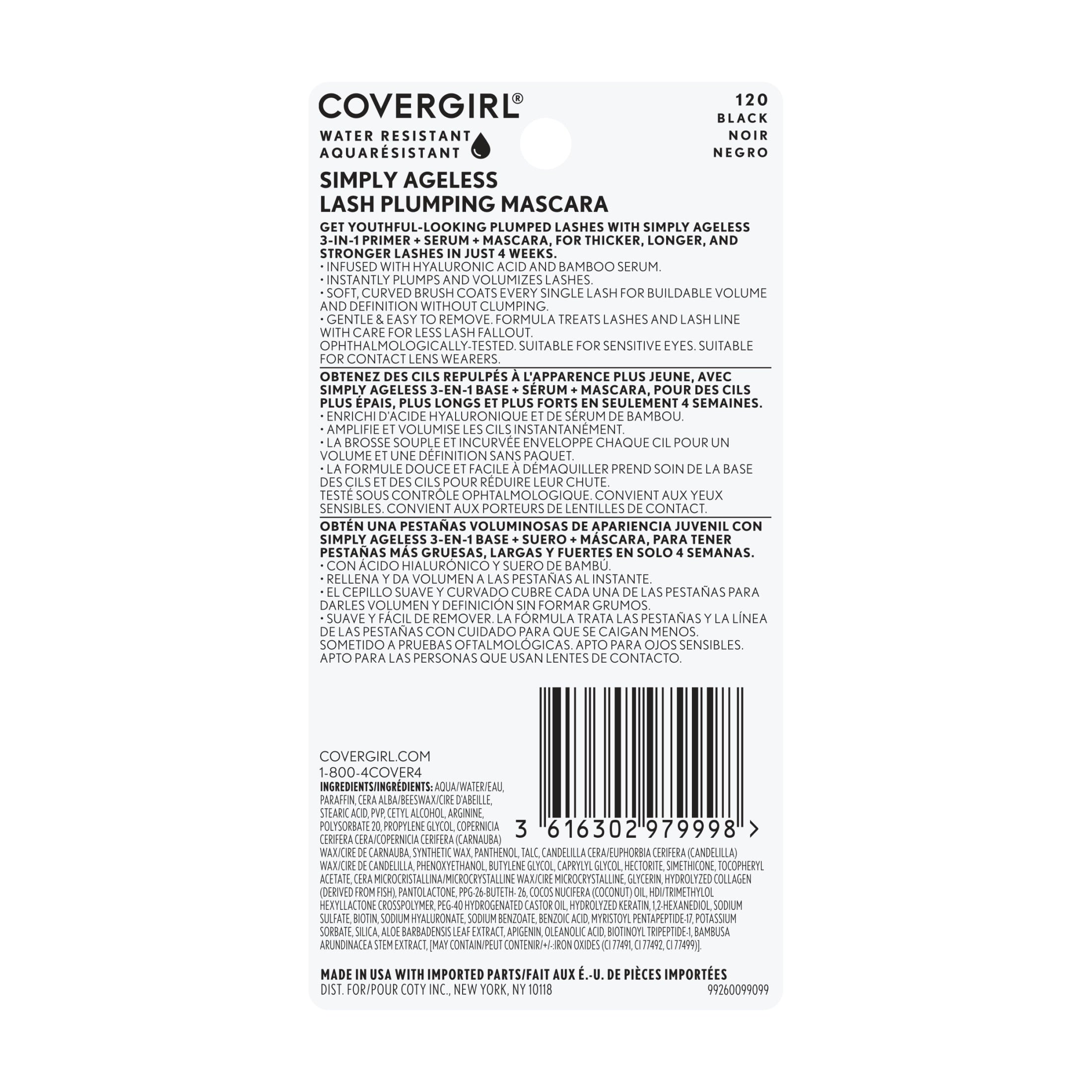 COVERGIRL Simply Ageless Lash Plumping 3-in-1 Mascara, 120 Black Water Resistant, 0.4 fl oz