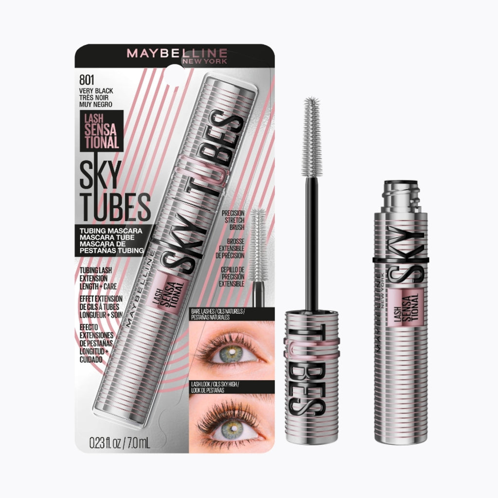 Maybelline Lash Sensational Sky Tubes Tubing Mascara Extension-Like Length Conditioning with Shea Butter + Castor Oil , Very Black, 0.23 fl oz