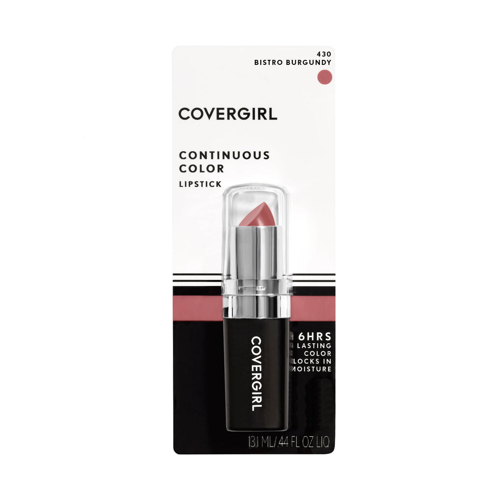 COVERGIRL Continuous Color Lipstick, 430 Bistro Burgundy, 0.13 oz, Moisturizing Lipstick, Long Lasting Lipstick, Extended Palette of Shades, Keeps Lips Soft