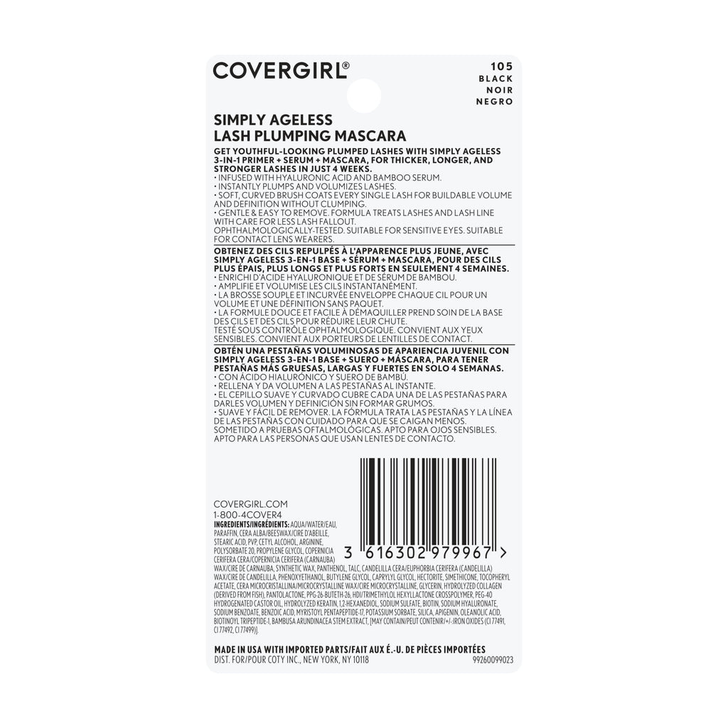 COVERGIRL Simply Ageless Lash Plumping 3-in-1 Mascara, 105 Black, 0.4 fl oz