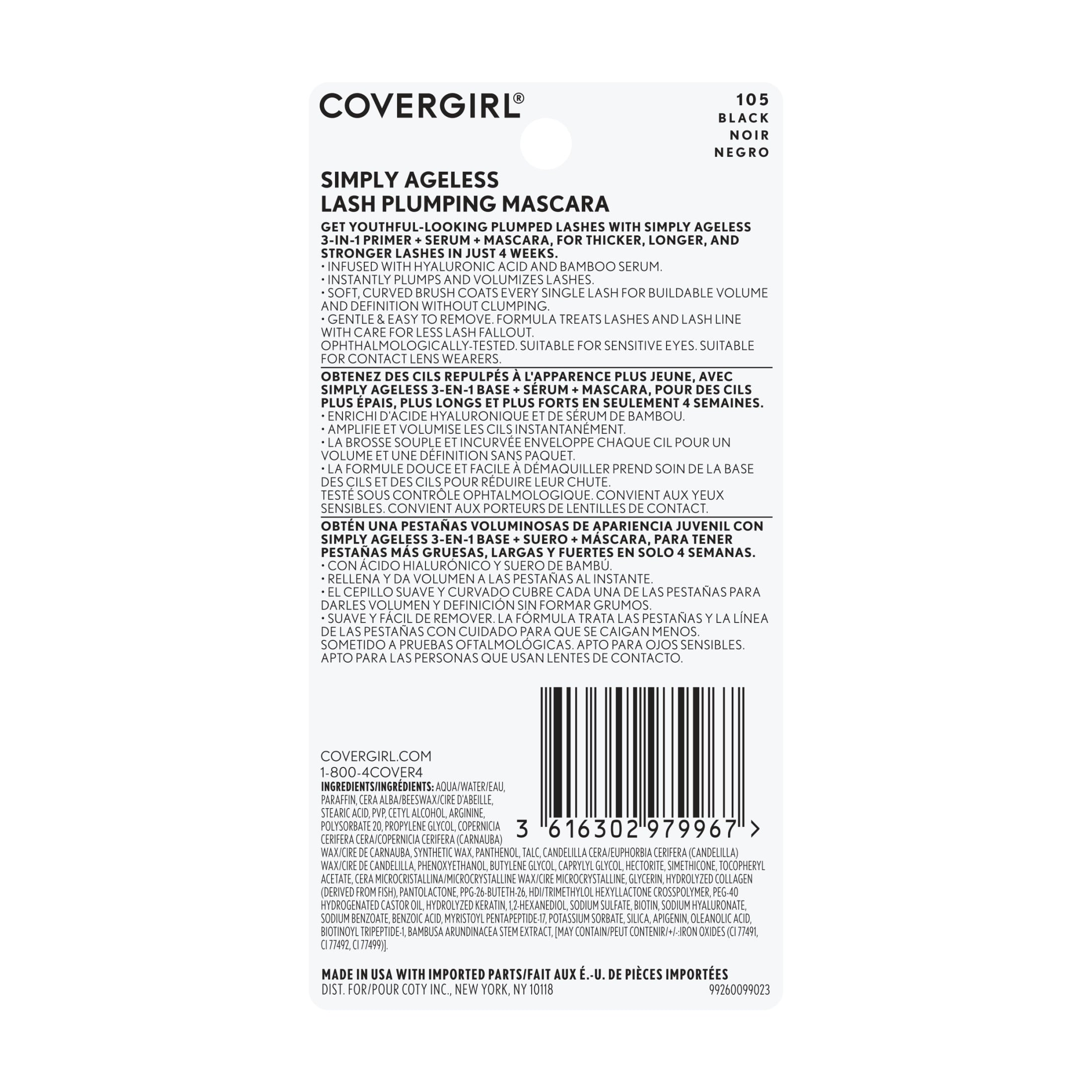 COVERGIRL Simply Ageless Lash Plumping 3-in-1 Mascara, 105 Black, 0.4 fl oz