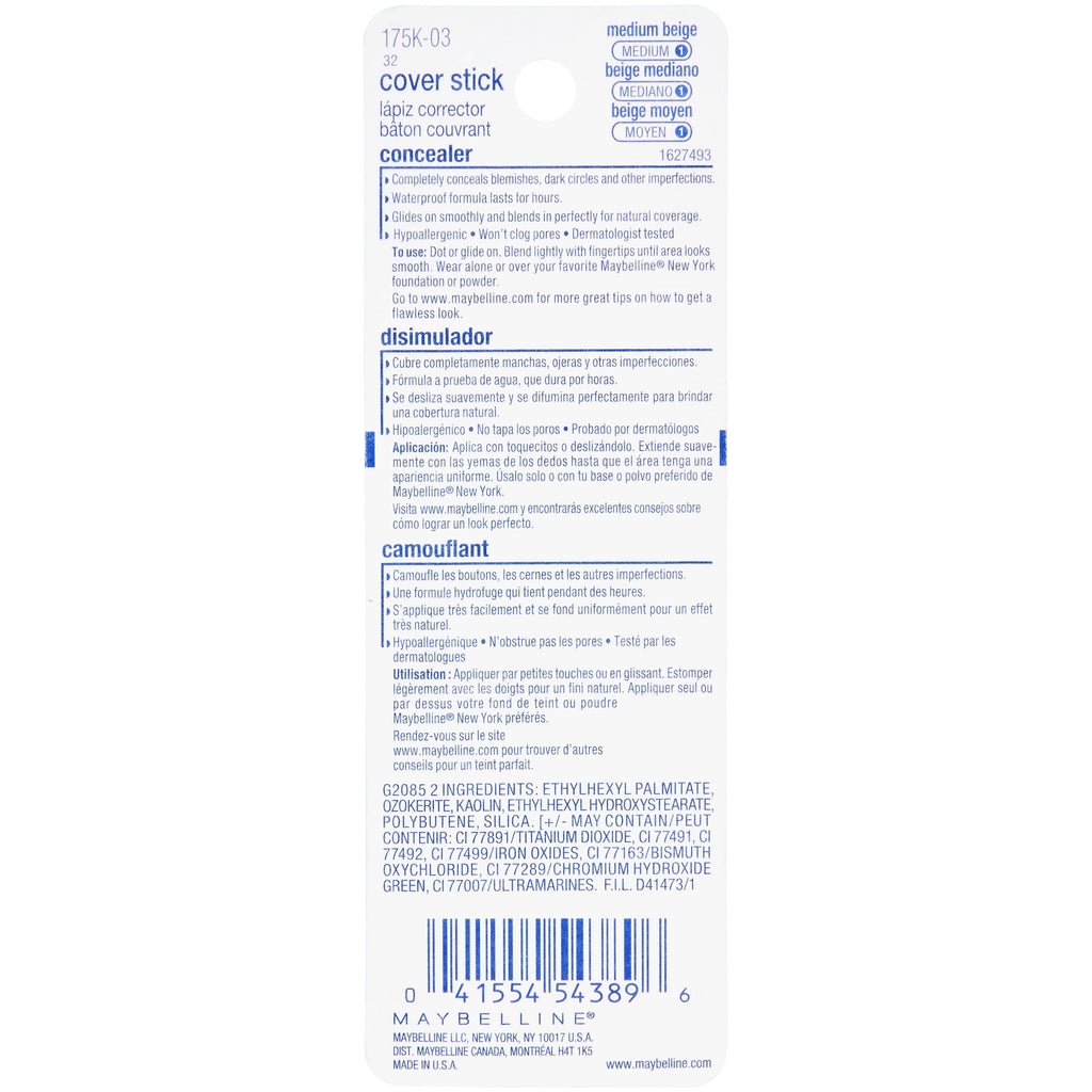 Maybelline Medium Beige Cover Stick Concealer Blemish Corrector, 0.16 oz