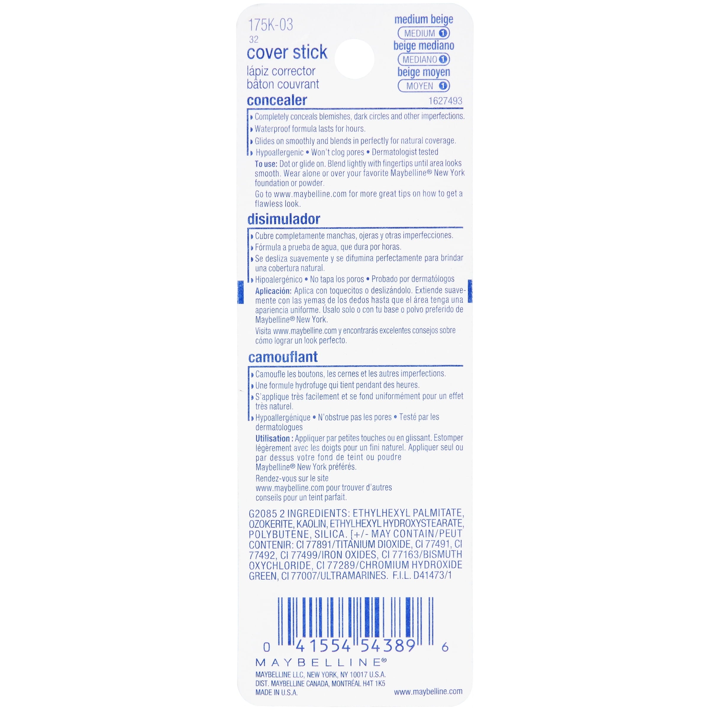 Maybelline Medium Beige Cover Stick Concealer Blemish Corrector, 0.16 oz