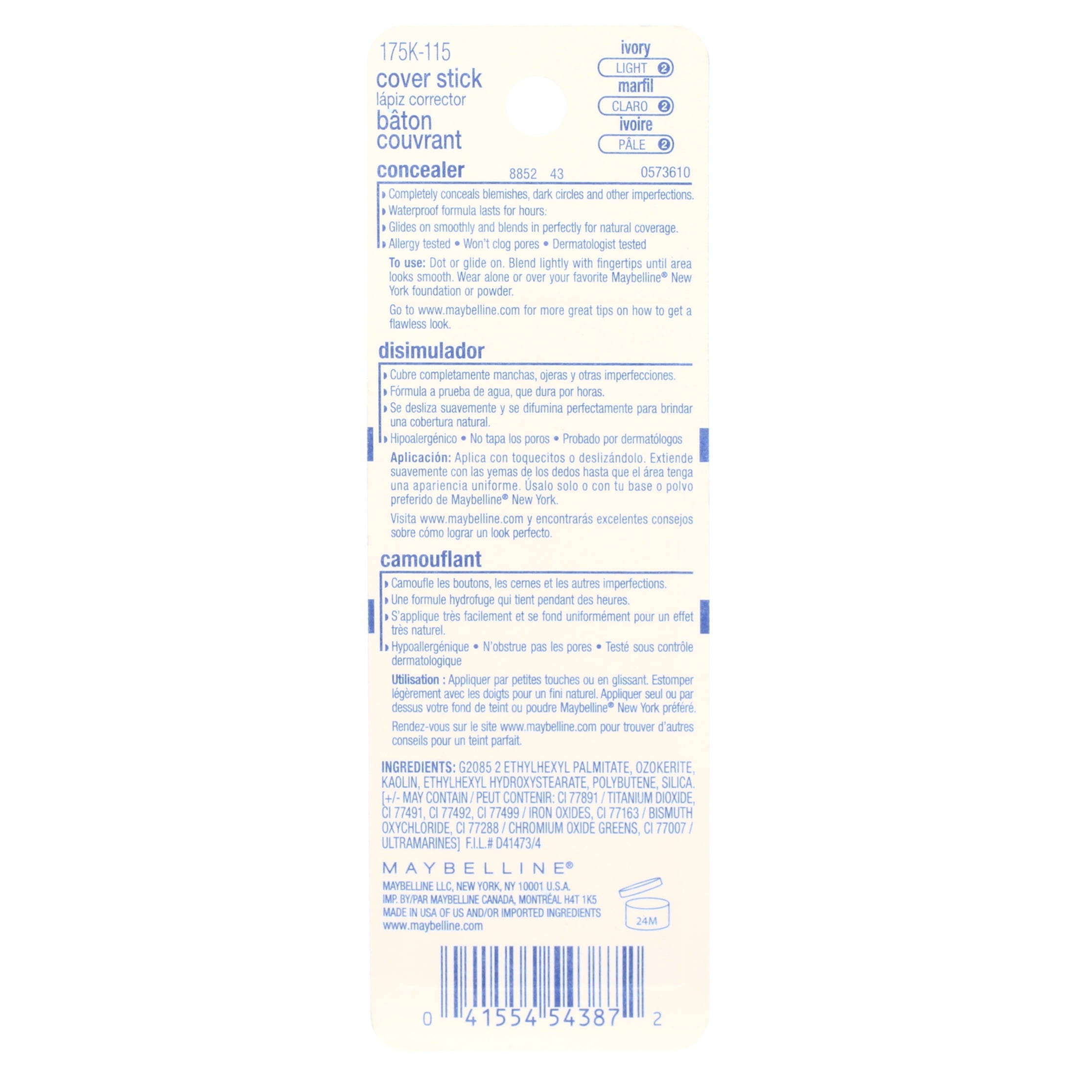 Maybelline Cover Stick Corrector Concealer, Ivory, 0.16 oz