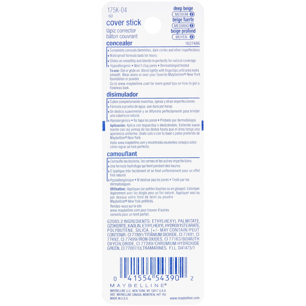Maybelline Cover Stick Corrector Concealer, Deep Beige, 0.16 fl oz.