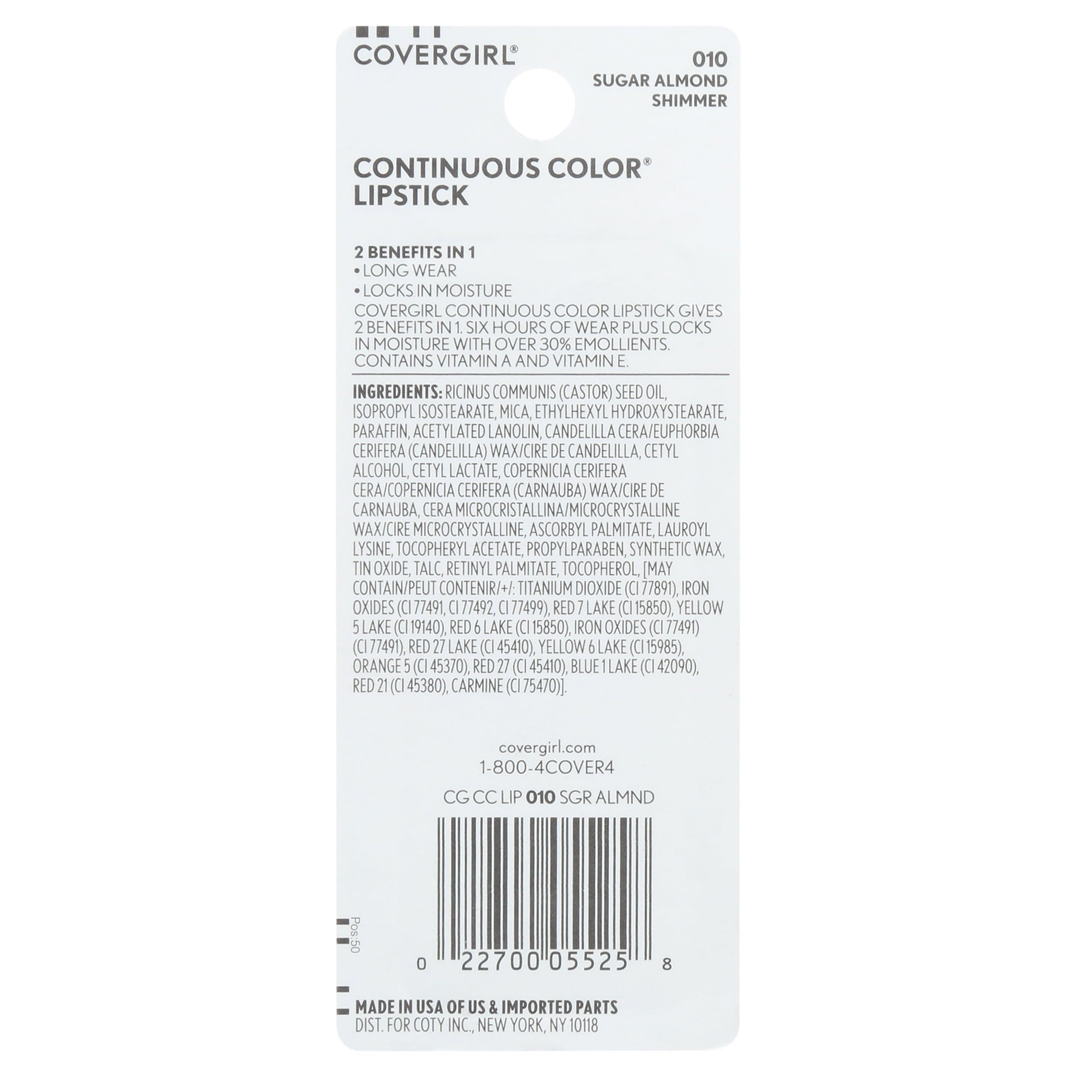 COVERGIRL Continuous Color Lipstick, 10 Sugar Almond, 0.13 oz
