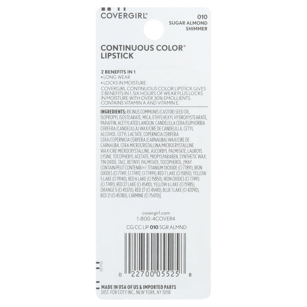 (2 pack) COVERGIRL Continuous Color Lipstick, 10 Sugar Almond, 0.13 oz