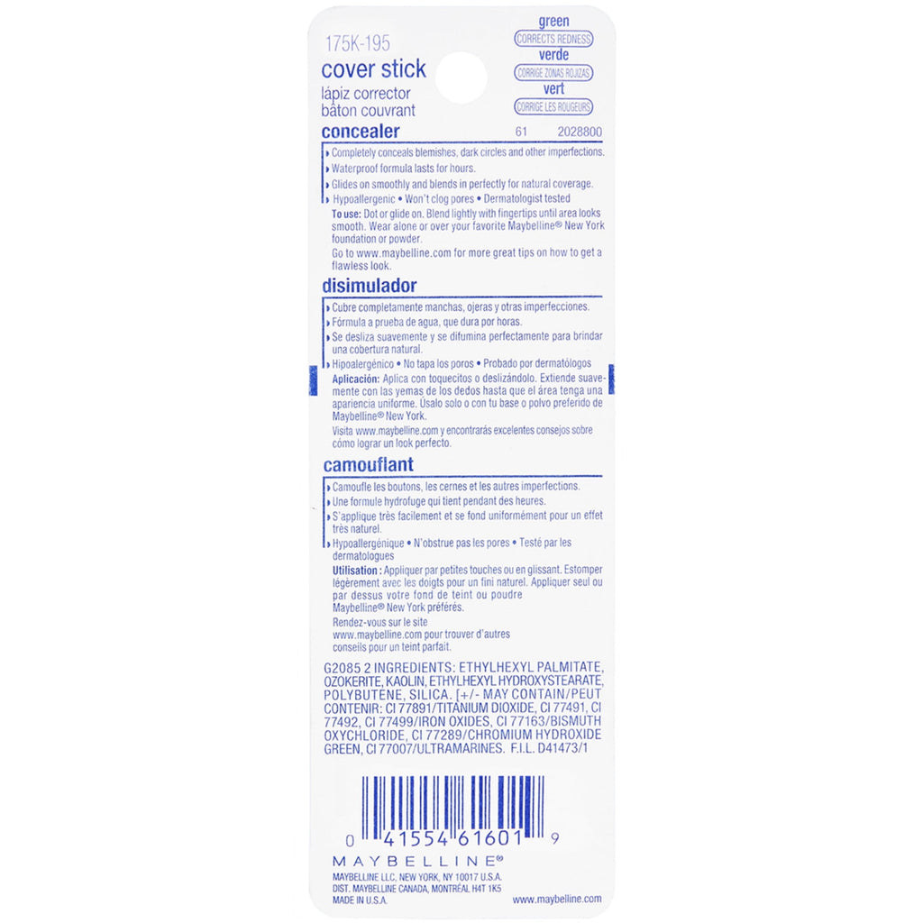 Maybelline Cover Stick Corrector Concealer, Green Corrects Redness, 0.16 oz