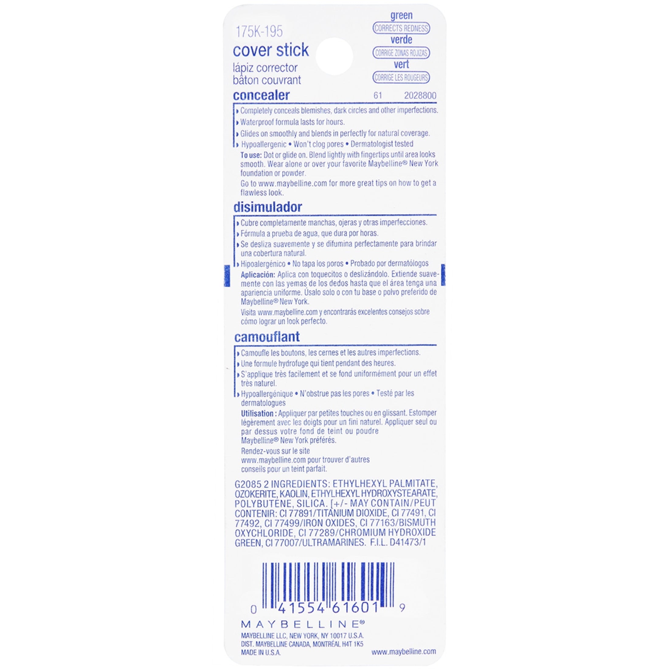 Maybelline Cover Stick Corrector Concealer, Green Corrects Redness, 0.16 oz