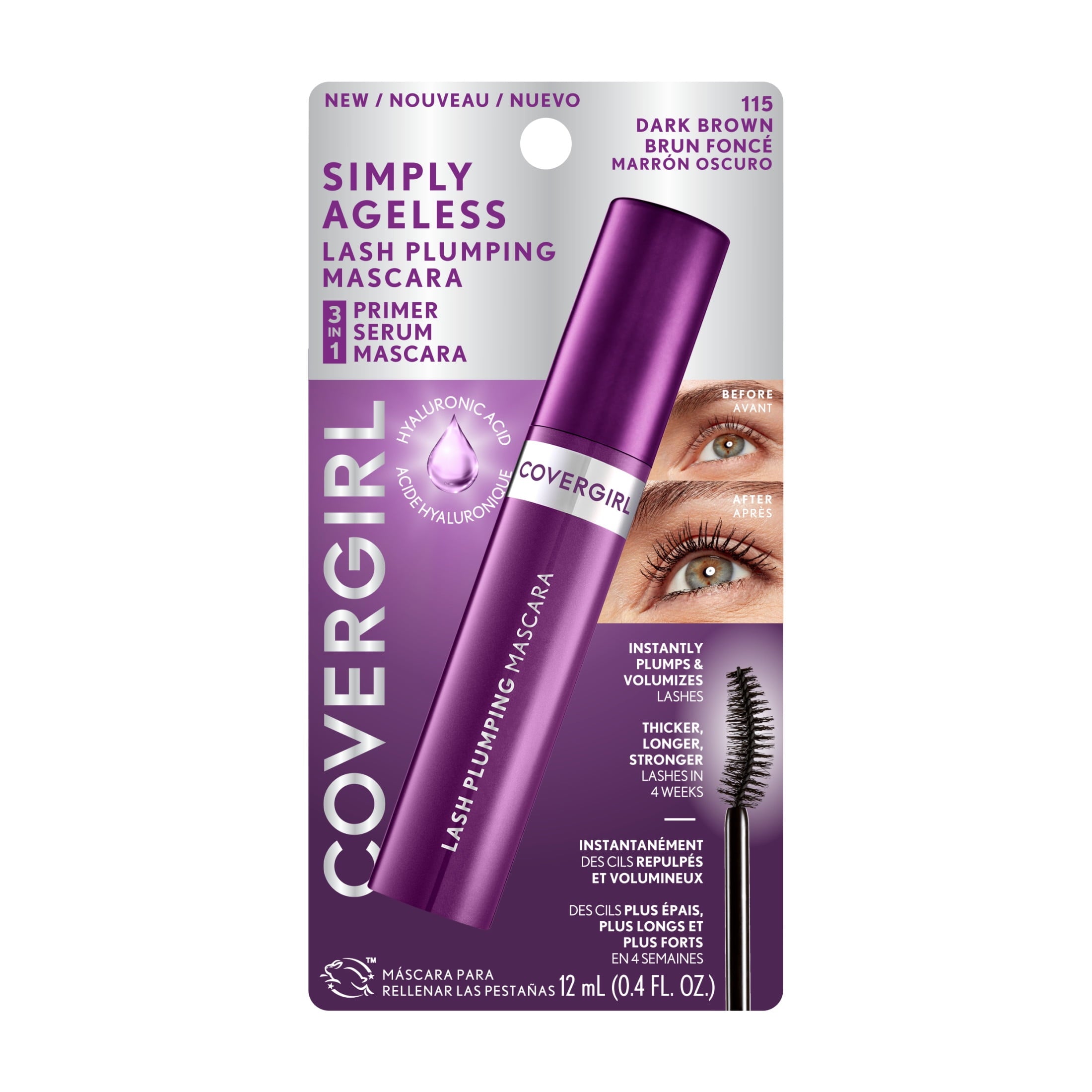 COVERGIRL Simply Ageless Lash Plumping 3-in-1 Mascara, 115 Dark Brown, 0.4 fl oz