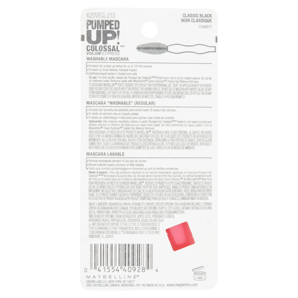 Maybelline Volum Express Pumped Up, Colossal Washable Mascara, Classic Black