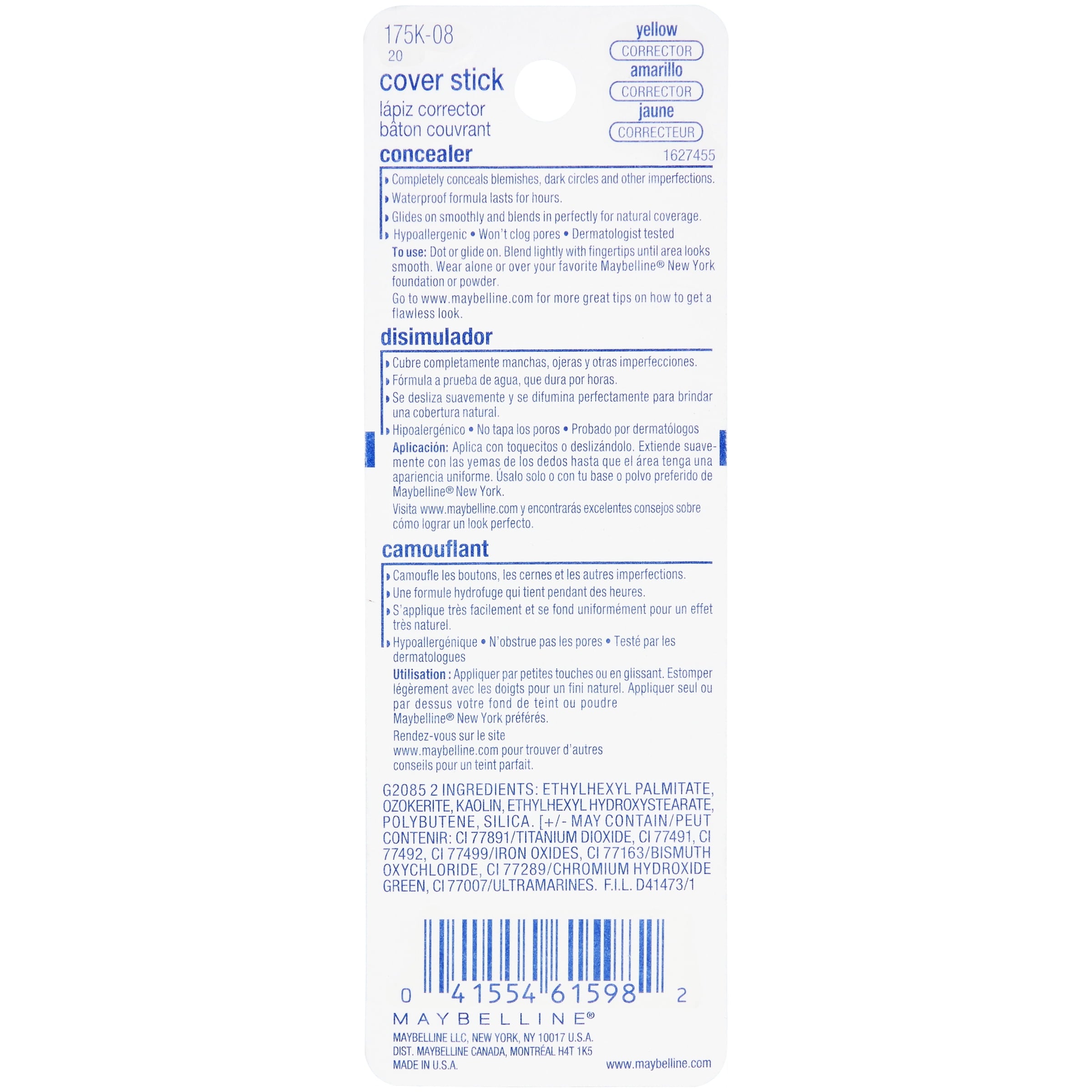 Maybelline Cover Stick Corrector Concealer, Yellow Corrects Dark Circles, 0.16 oz