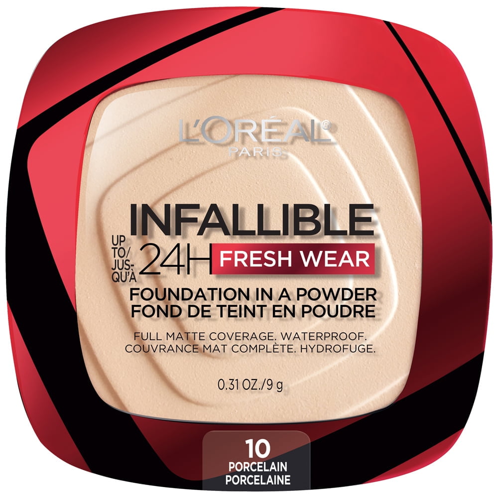(2 pack) L'Oreal Paris Infallible Fresh Wear 24 Hr Powder Foundation Makeup, 010 Porcelain, 1 fl oz